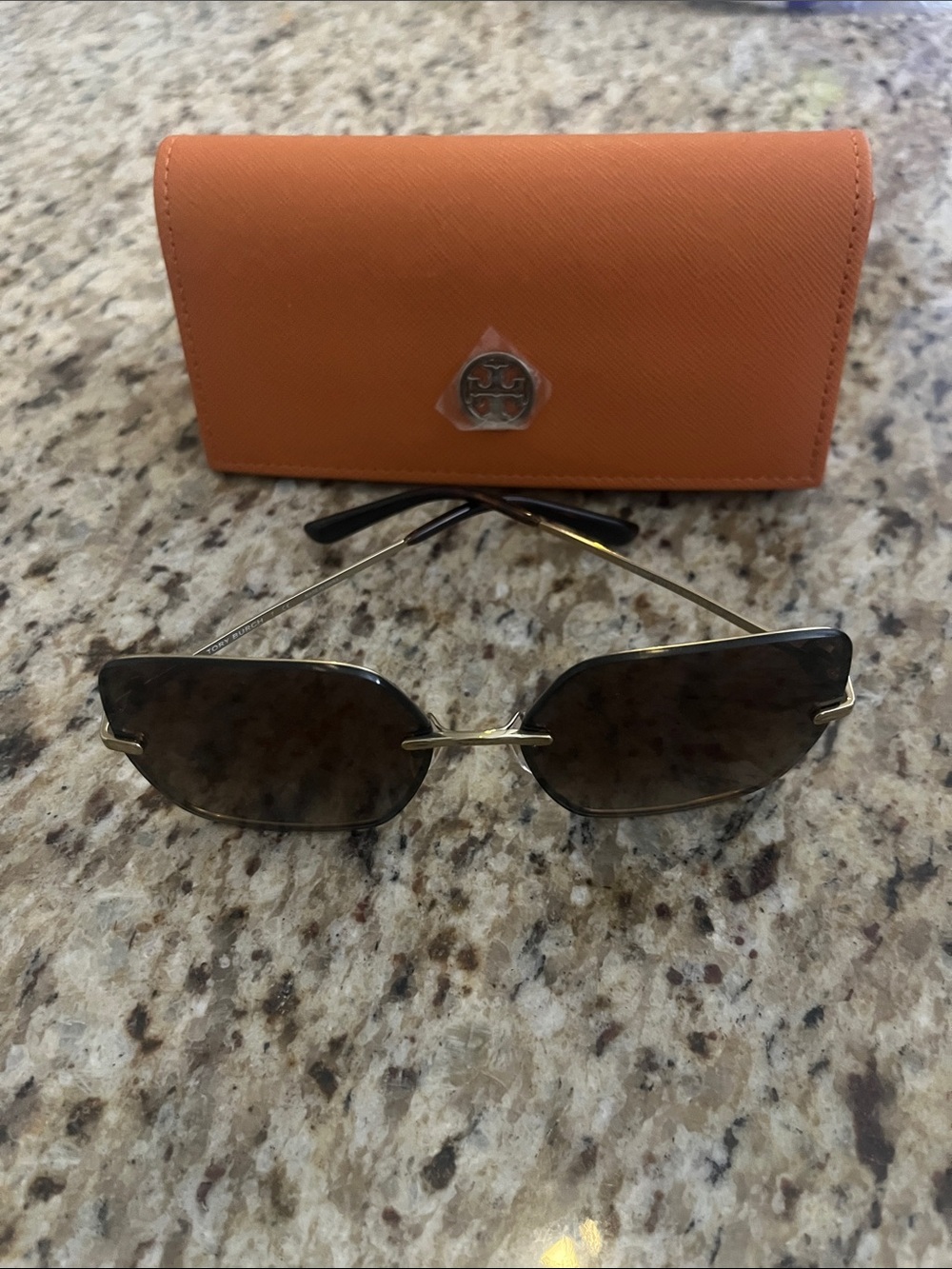 Tory Burch Rimless Geometric Sunglasses with Gold accents & Orange Case